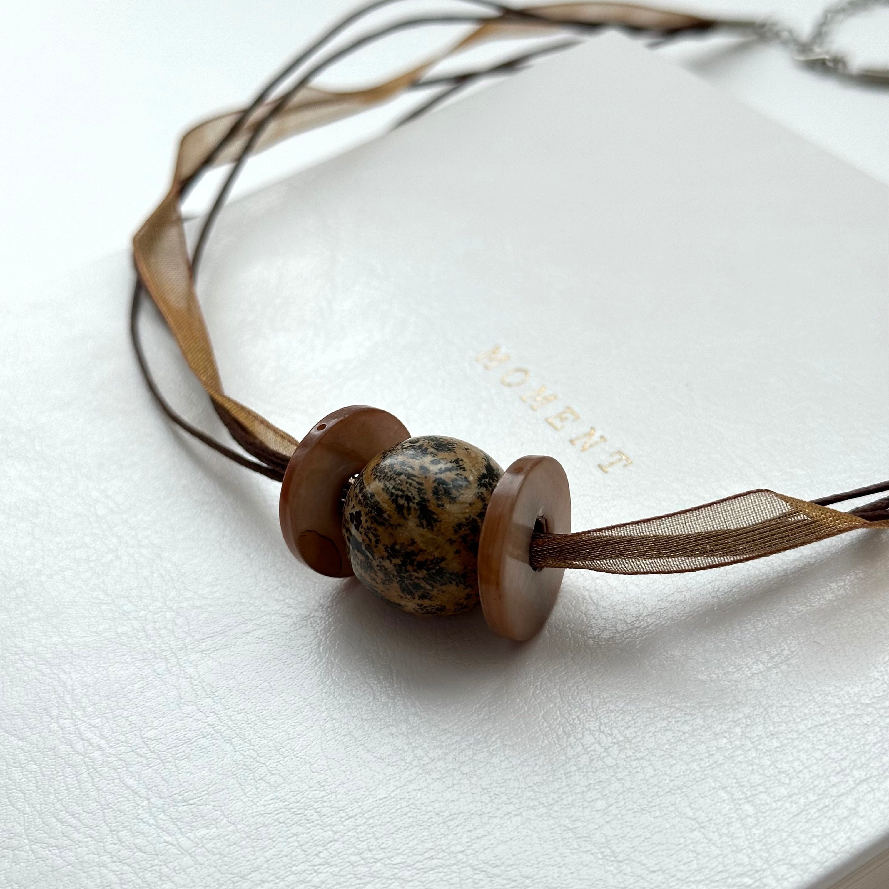 N60 Earth Tone Necklace | Turquoise | Shell | Coffee Ribbon Braid | Necklace