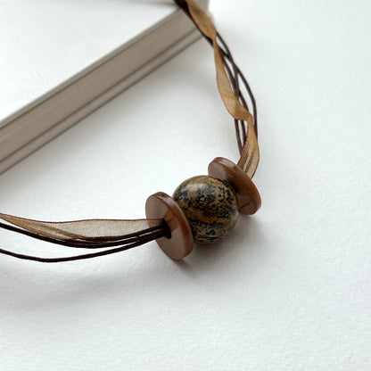 N60 [Earth Tone Necklace] Stone Shell Coffee Ribbon Braided Necklace