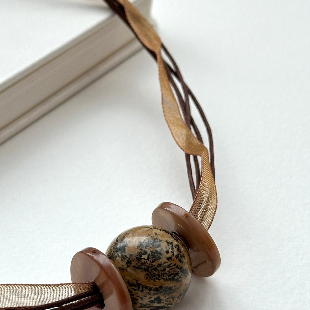 N60 Earth Tone Necklace | Turquoise | Shell | Coffee Ribbon Braid | Necklace