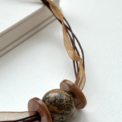 N60 [Earth Tone Necklace] Stone Shell Coffee Ribbon Braided Necklace