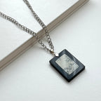 N63 [Ink Brush] Jasmine | Black Jasmine | Rectangular Silver-Plated Chain | Necklace