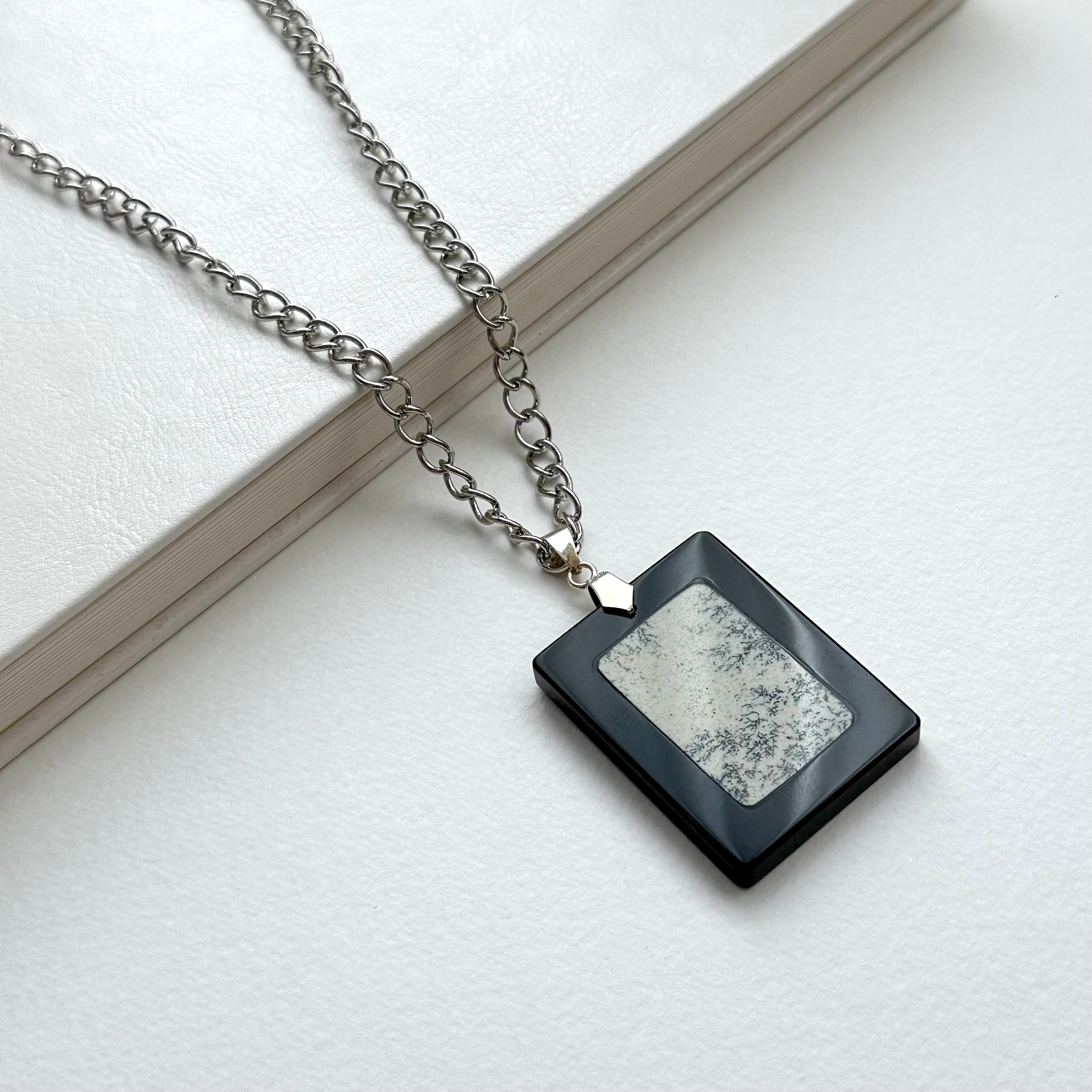 N63 [Ink Brush] Jasmine | Black Jasmine | Rectangular Silver-Plated Chain | Necklace