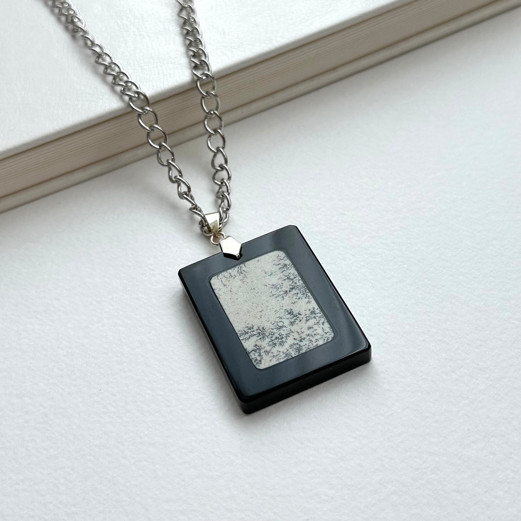 N63 [Ink Brush] Jasmine | Black Jasmine | Rectangular Silver-Plated Chain | Necklace