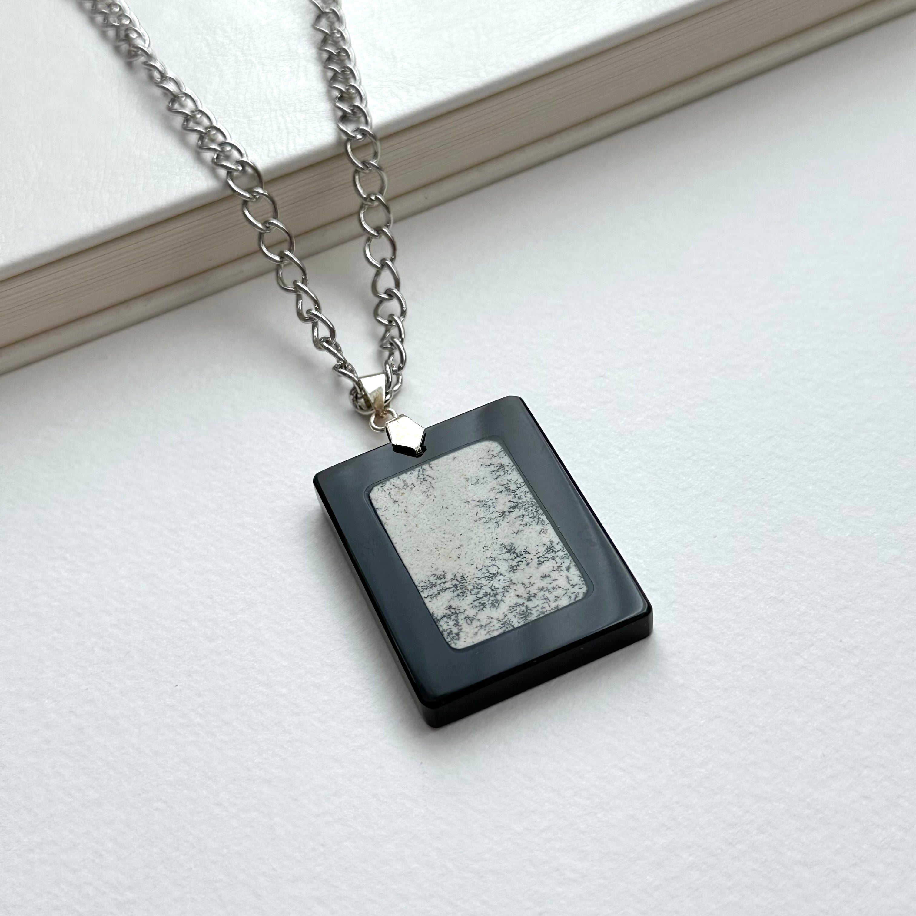 N63 [Ink Brush] Jasmine | Black Jasmine | Rectangular Silver-Plated Chain | Necklace