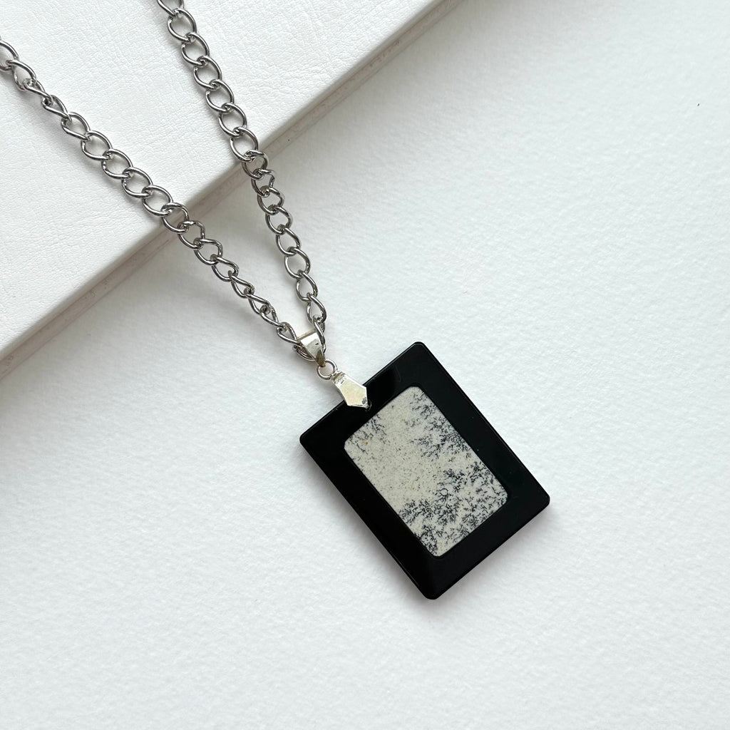 N63 [Ink Brush] Jasmine | Black Jasmine | Rectangular Silver-Plated Chain | Necklace