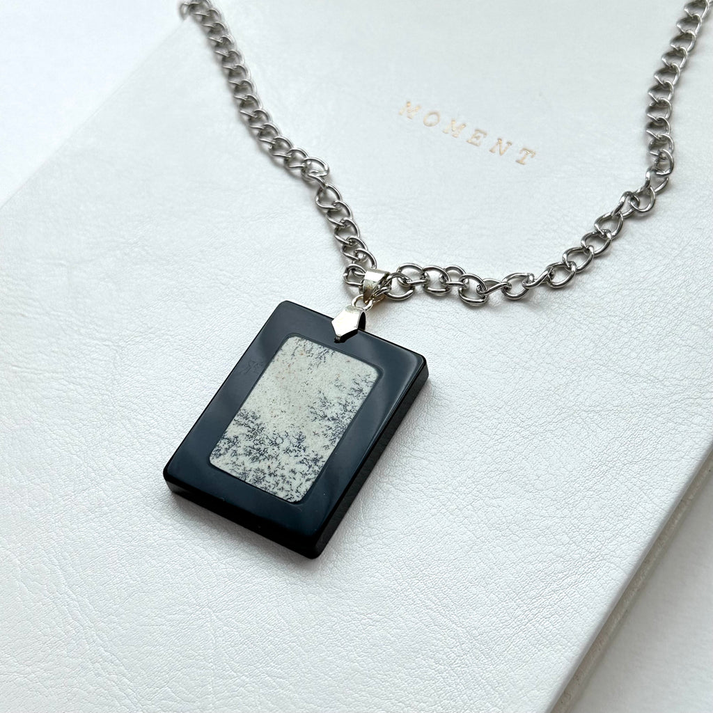 N63 [Ink Brush] Jasmine | Black Jasmine | Rectangular Silver-Plated Chain | Necklace