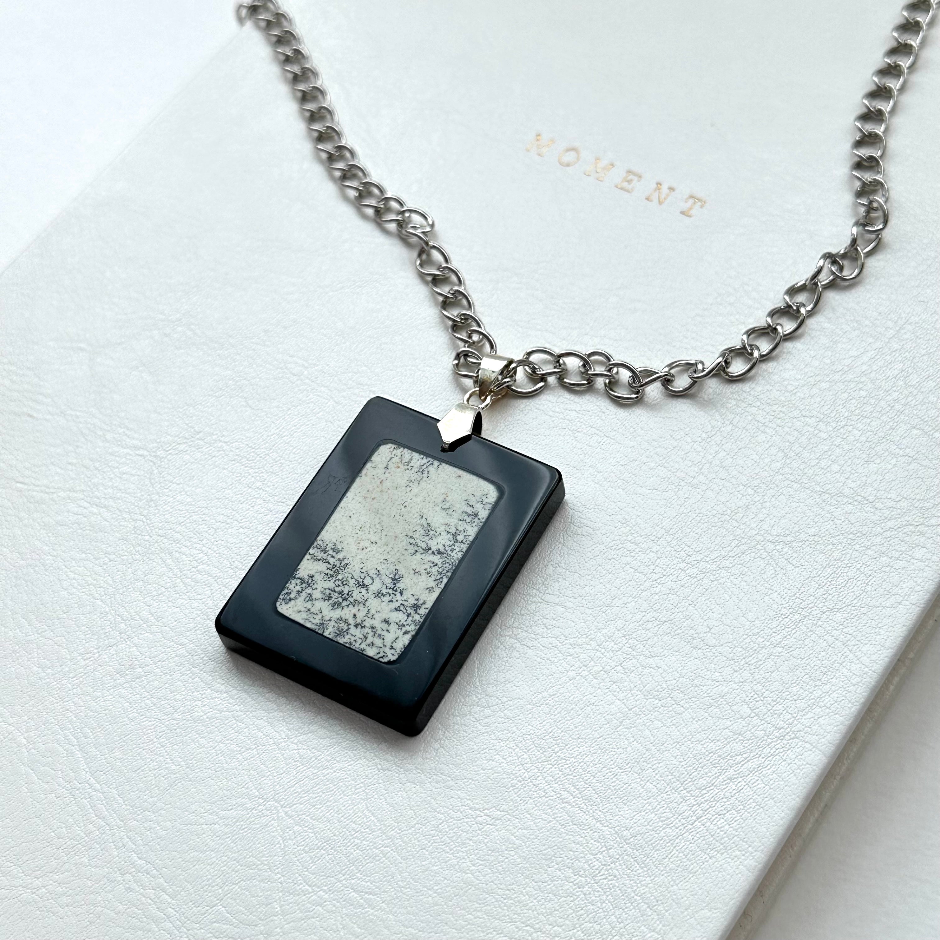 N63 [Ink Brush] Jasmine | Black Jasmine | Rectangular Silver-Plated Chain | Necklace
