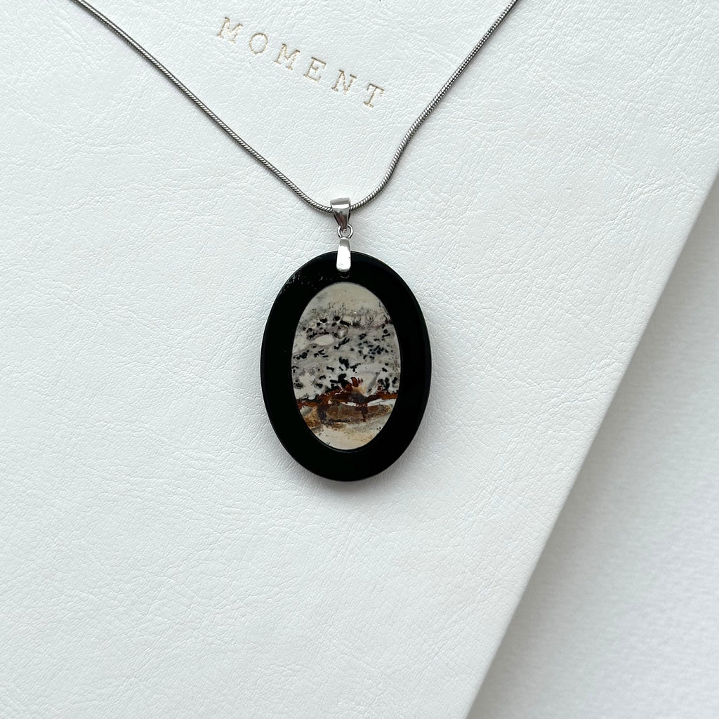 N67 [Ink Brush] Jasmine | Black Jasmine | Oval Silver-Plated Necklace