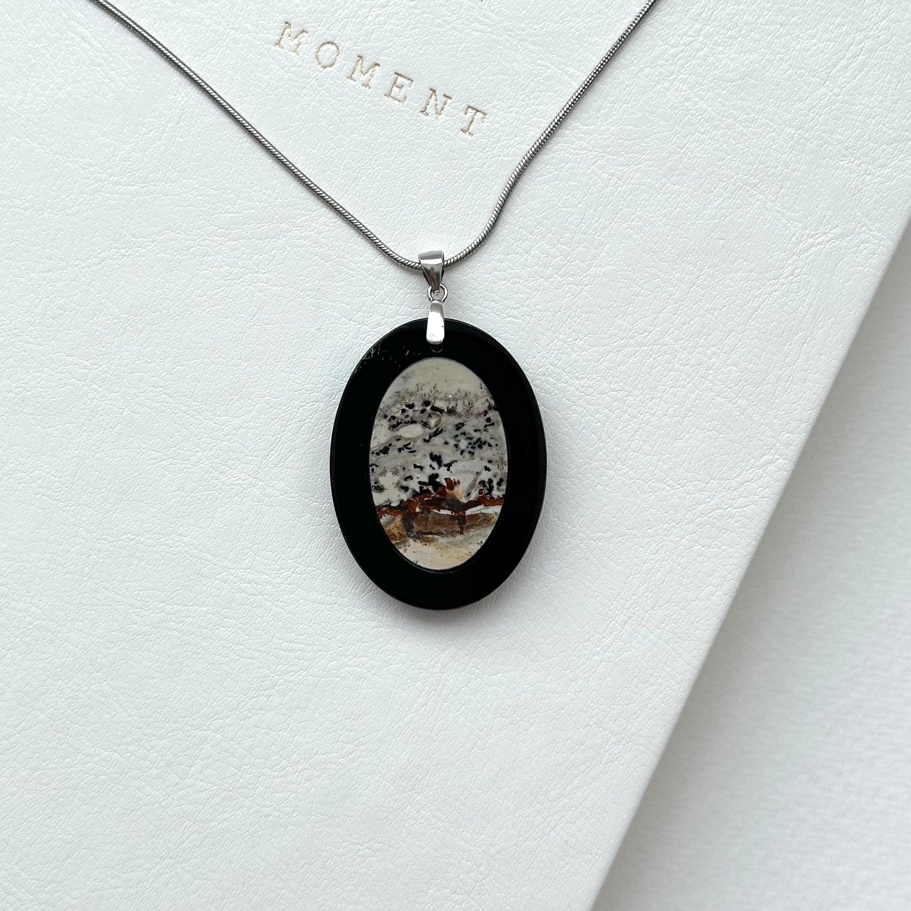 N67 [Ink Brush] Jasmine | Black Jasmine | Oval Silver-Plated Necklace