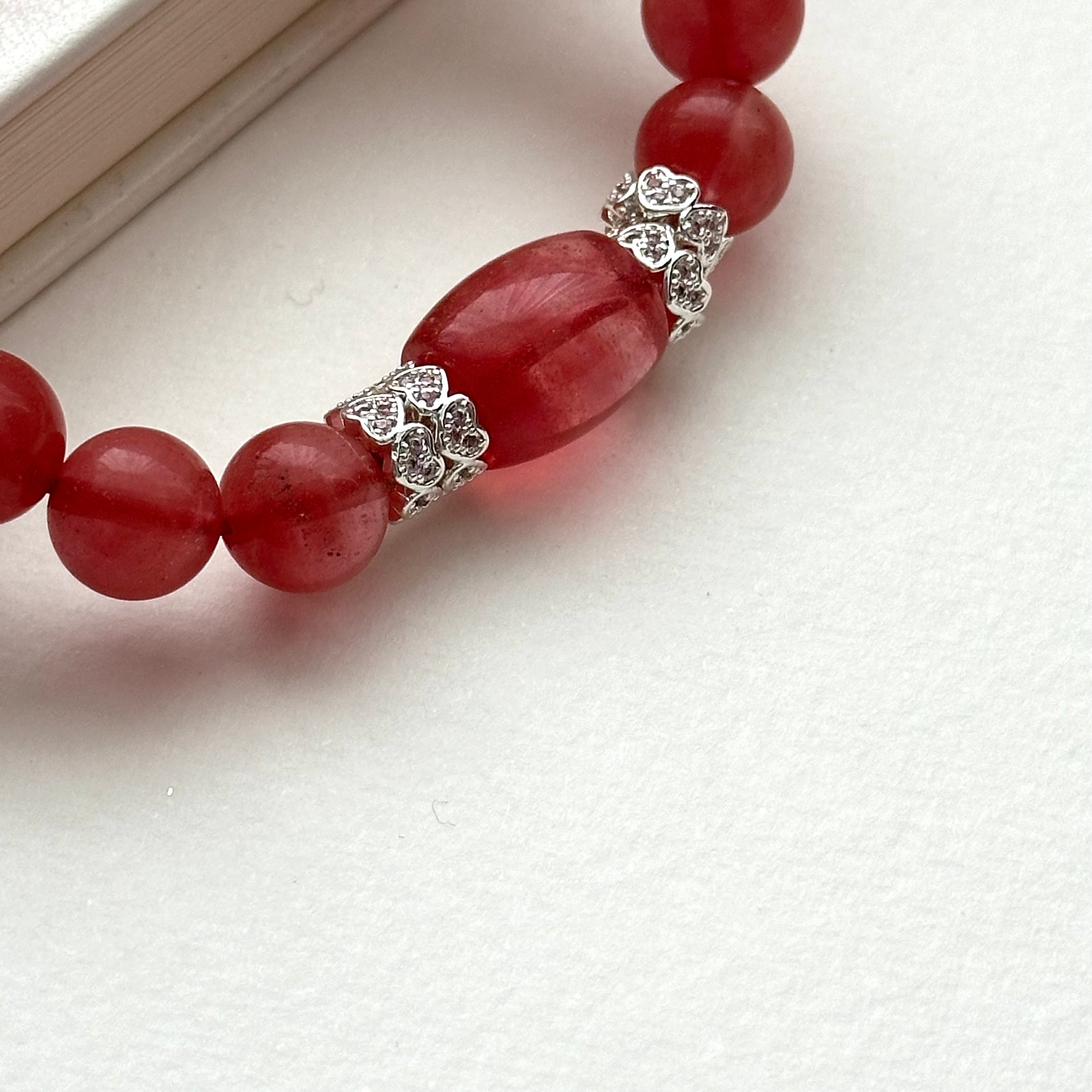 BS225 [Lucky] Watermelon Stone Heart Silver Plated Bracelet