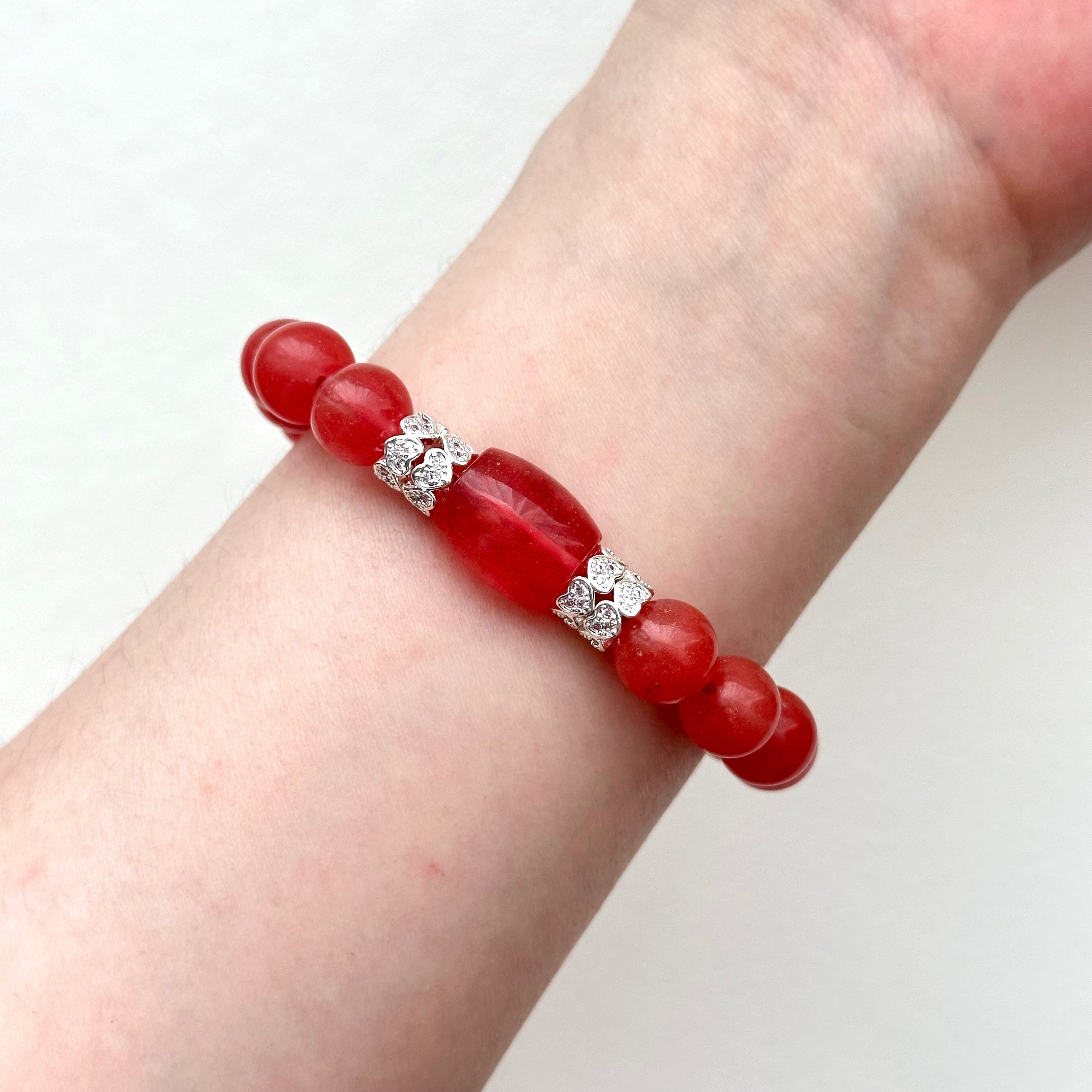 BS225 [Lucky] Watermelon Stone Heart Silver Plated Bracelet