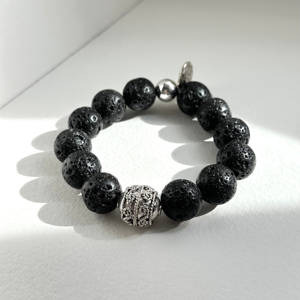 BS234 [Courage and Strength] Volcanic Rock Natural Ore Peace Lock Silver Plated Bracelet