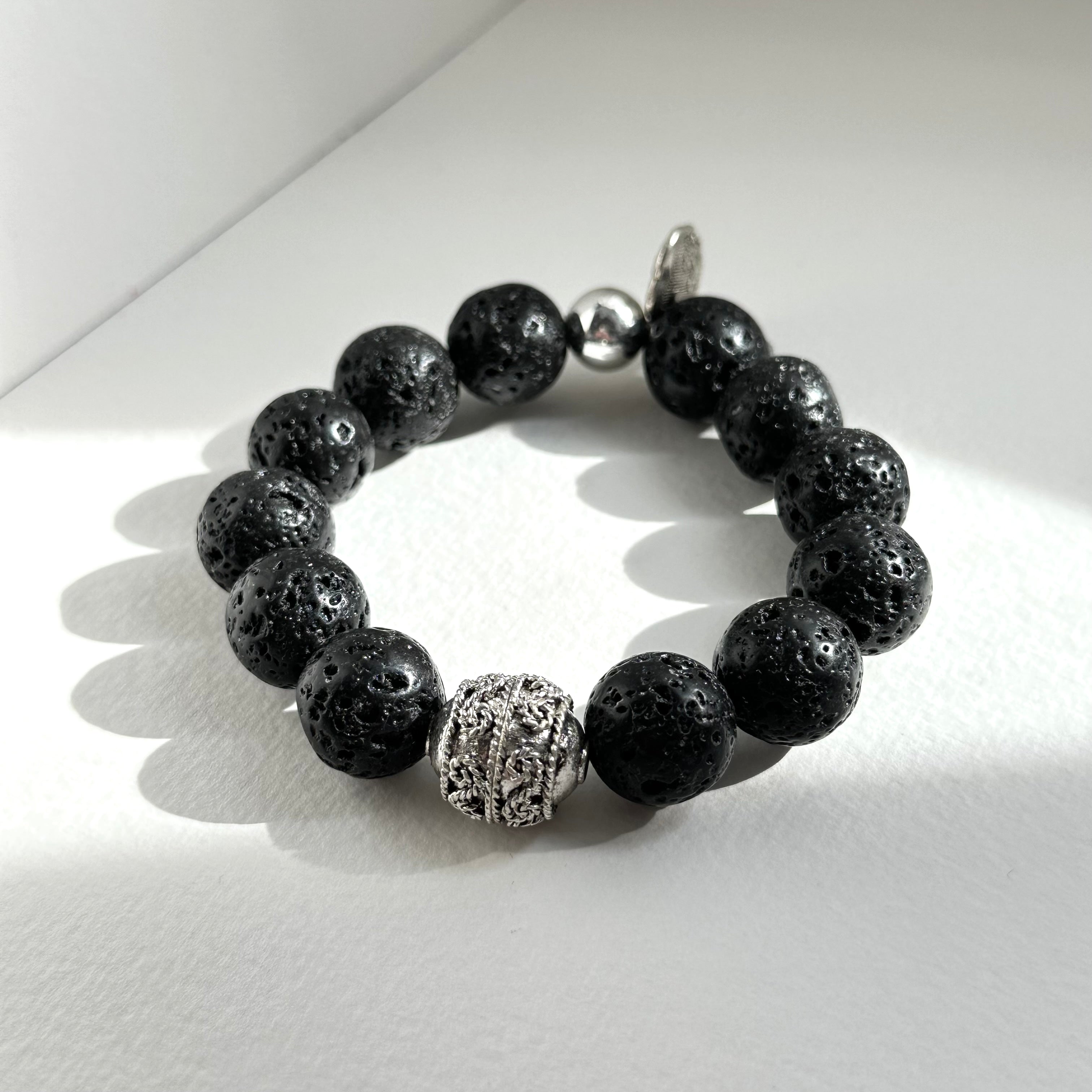 BS234 [Courage and Strength] Volcanic Rock Natural Ore Peace Lock Silver Plated Bracelet