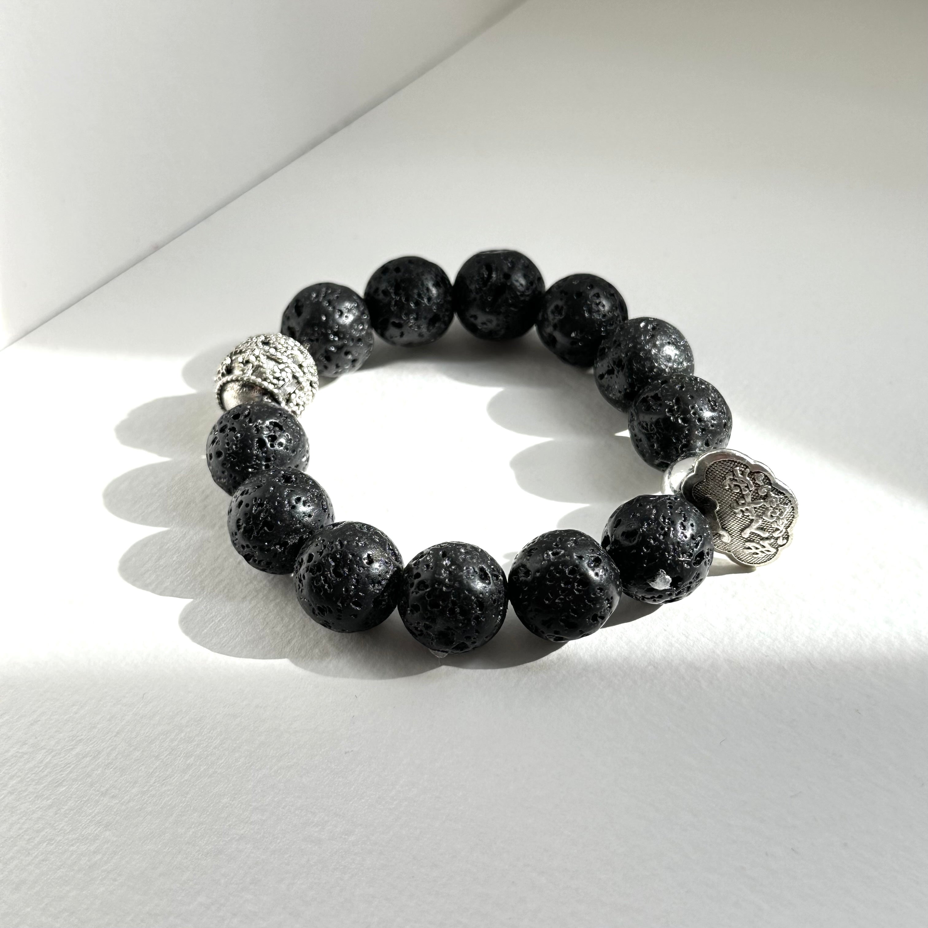 BS234 [Courage and Strength] Volcanic Rock Natural Ore Peace Lock Silver Plated Bracelet