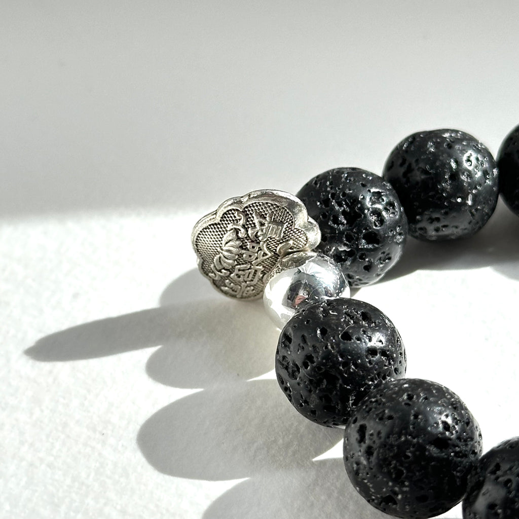 BS234 [Courage and Strength] Volcanic Rock Natural Ore Peace Lock Silver Plated Bracelet