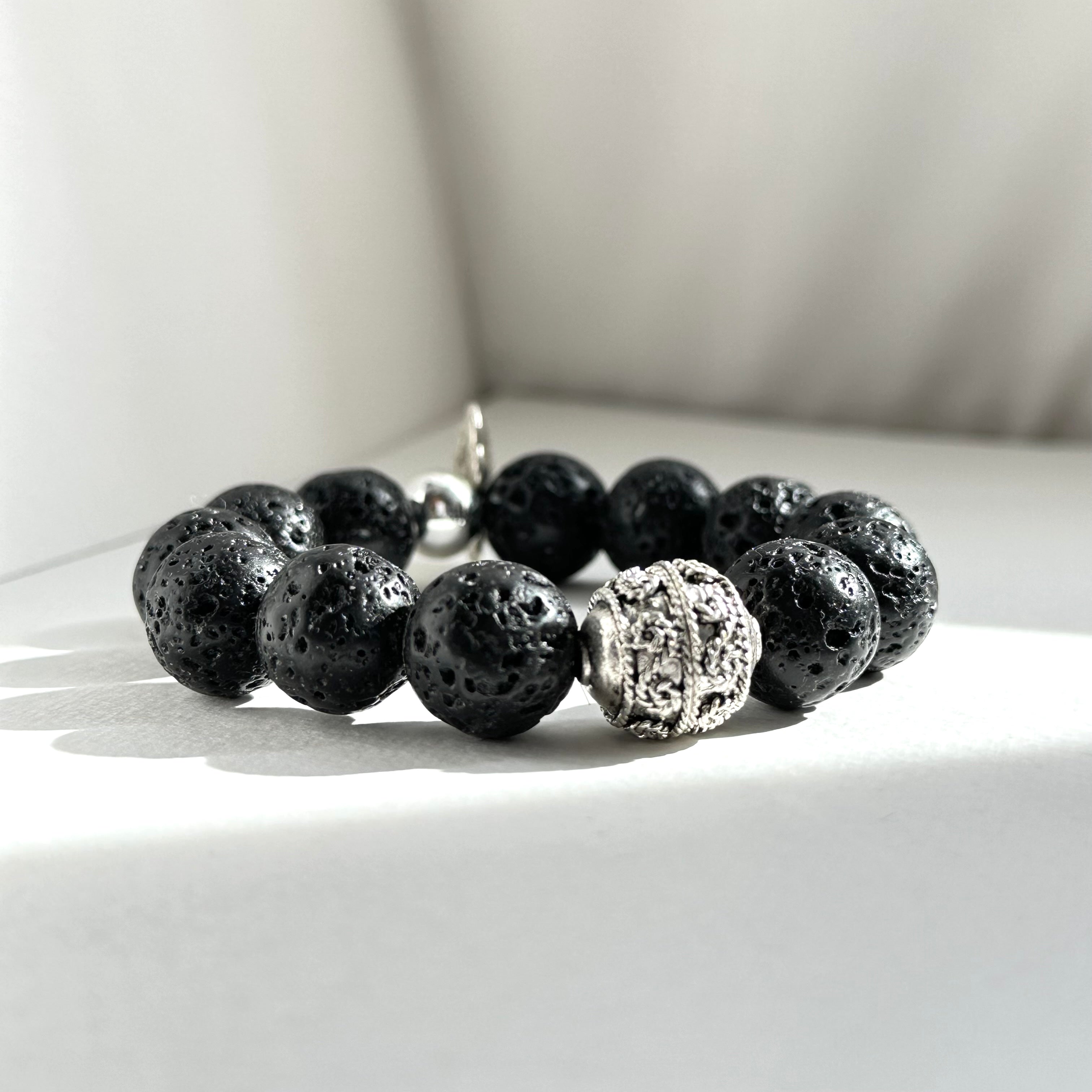 BS234 [Courage and Strength] Volcanic Rock Natural Ore Peace Lock Silver Plated Bracelet