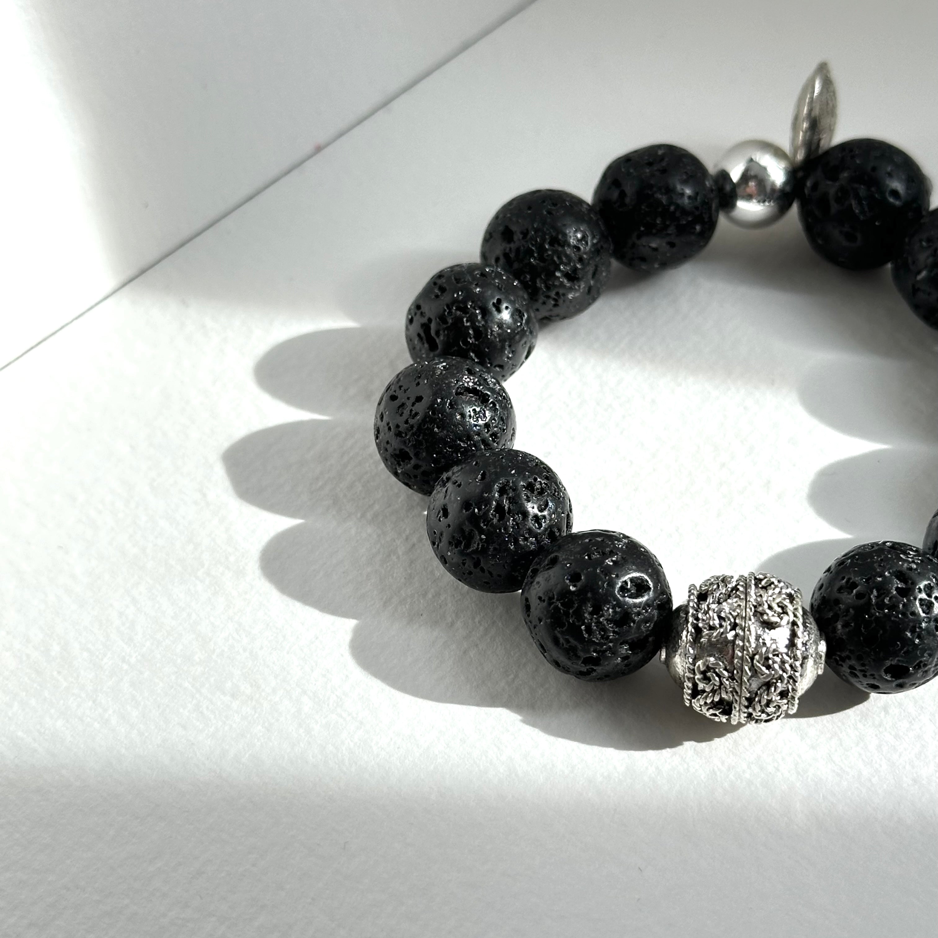 BS234 [Courage and Strength] Volcanic Rock Natural Ore Peace Lock Silver Plated Bracelet