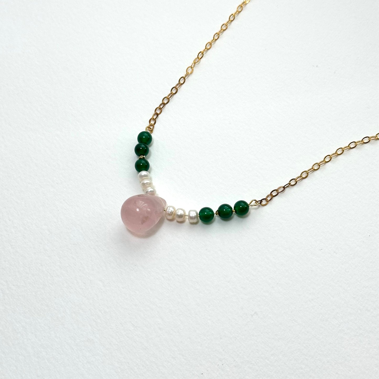 N83 [Cancer Leo | July] Water Drop Rose Quartz Freshwater Pearl Green Agate Gold-plated Necklace