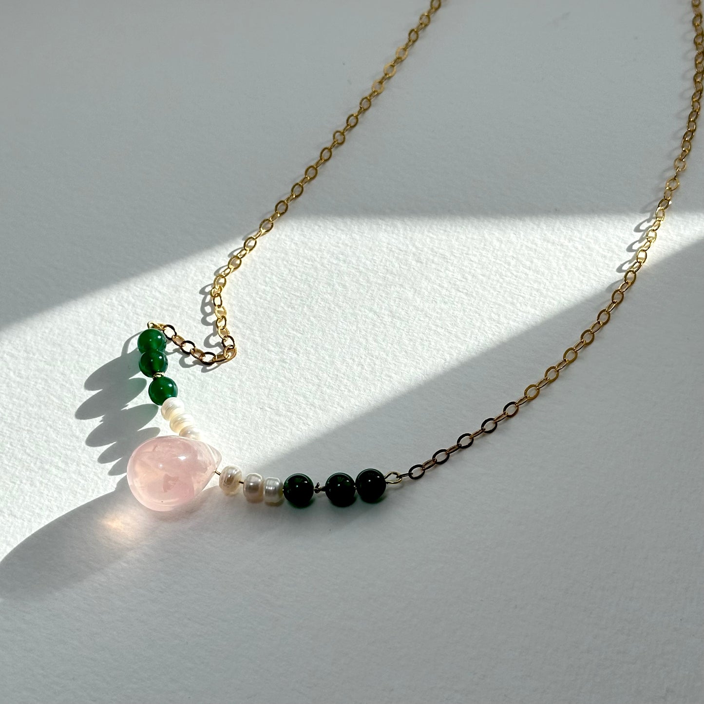 N83 [Cancer Leo | July] Water Drop Rose Quartz Freshwater Pearl Green Agate Gold-plated Necklace