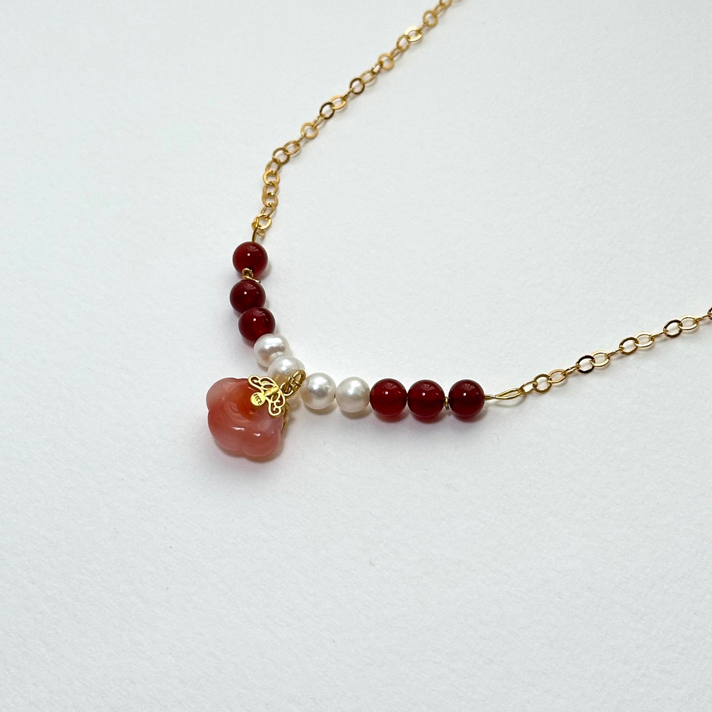 N85【巨蟹座獅子|7月】紅瑪瑙|淡水珍珠|鍍金|頸鏈項鏈