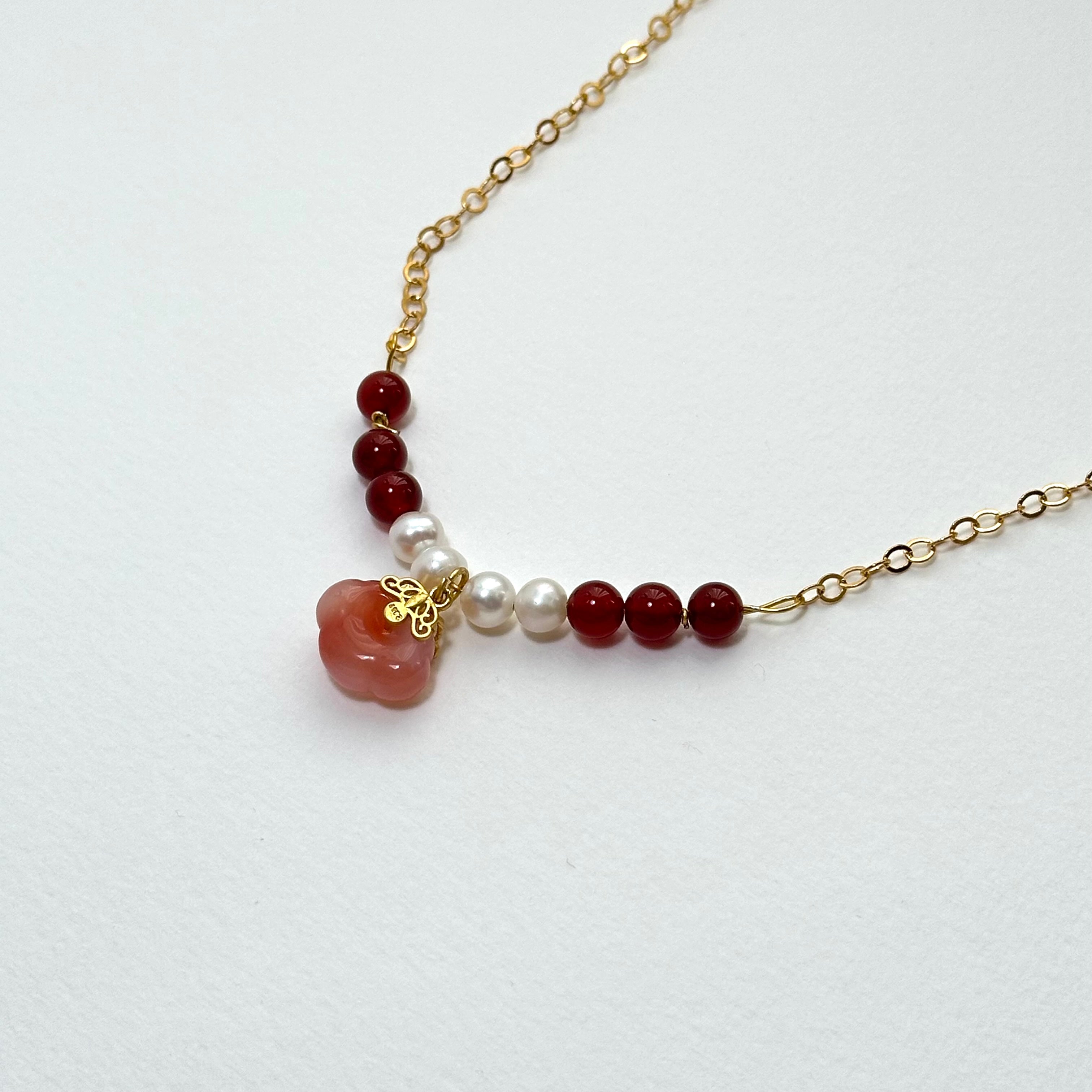 N85【巨蟹座獅子|7月】紅瑪瑙|淡水珍珠|鍍金|頸鏈項鏈