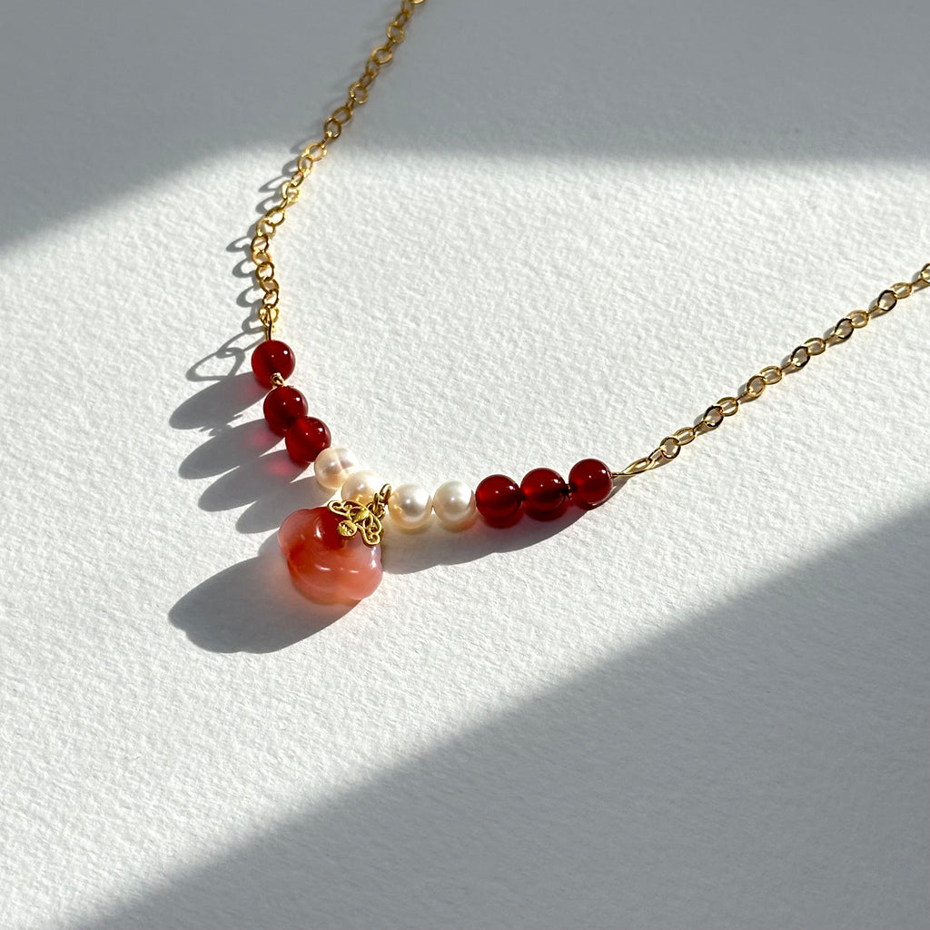 N85【巨蟹座獅子|7月】紅瑪瑙|淡水珍珠|鍍金|頸鏈項鏈