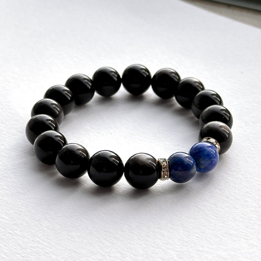 BS319 Silver Obsidian 18K Gold Plated Bracelet