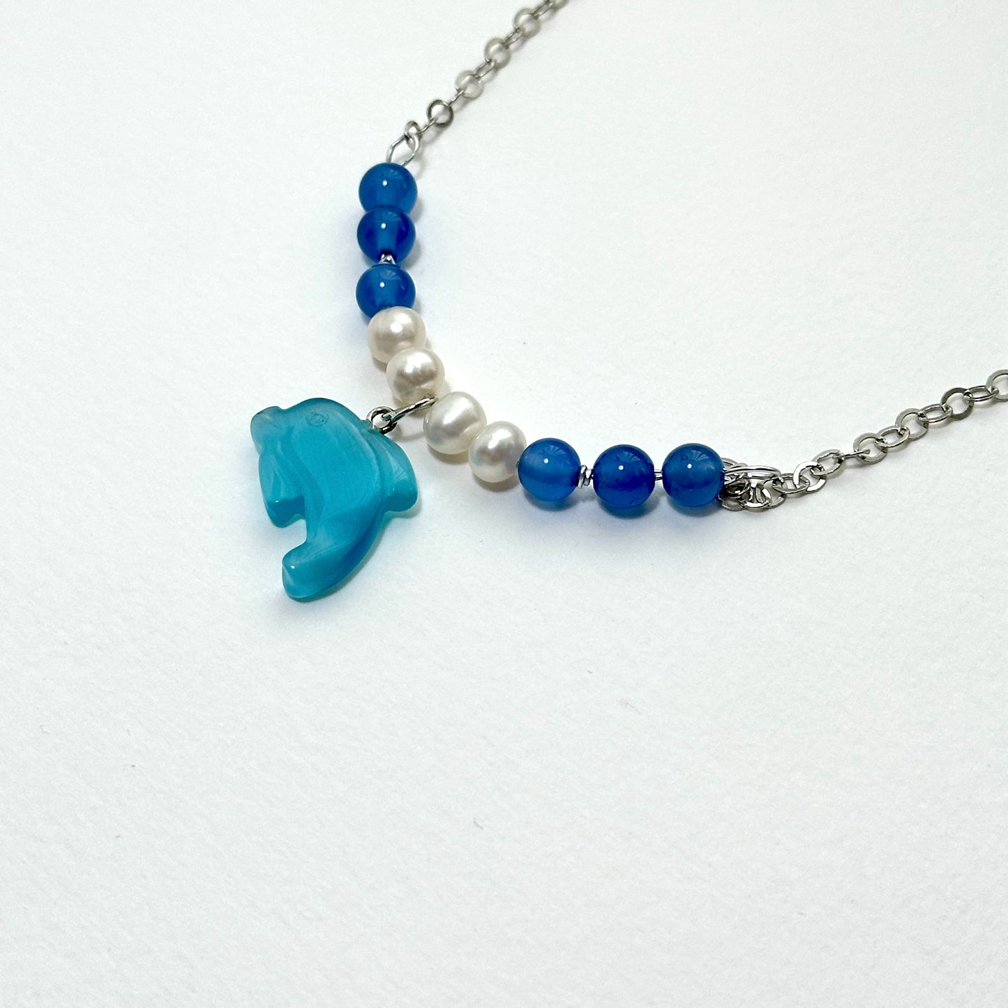 N86 [Blue World] Sea Blue Agate Freshwater Pearl Dolphin Silver Plated Necklace