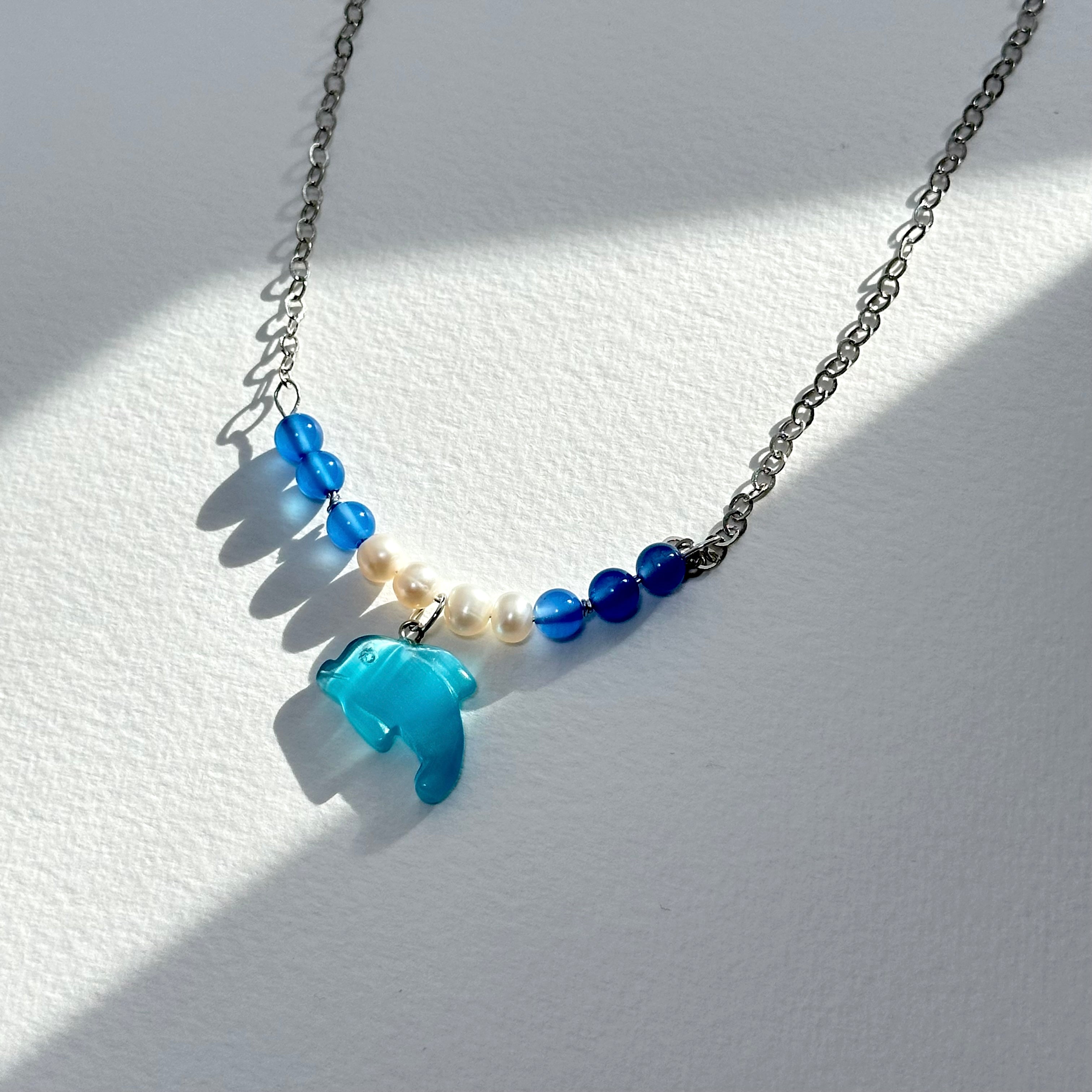 N86 [Blue World] Aquamarine Agate | Freshwater Pearl | Dolphin | Silver Plated | Necklace