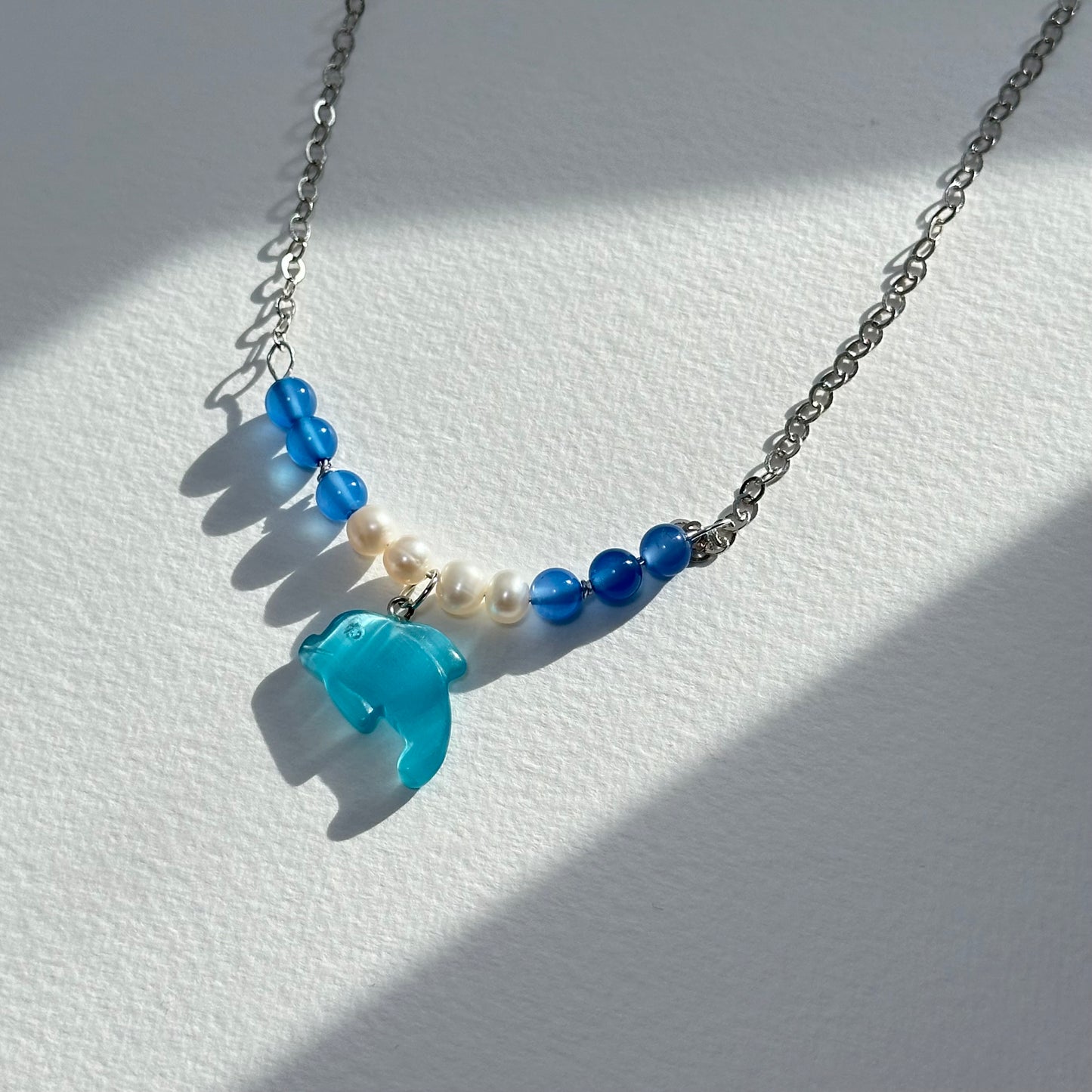 N86 [Blue World] Sea Blue Agate Freshwater Pearl Dolphin Silver Plated Necklace