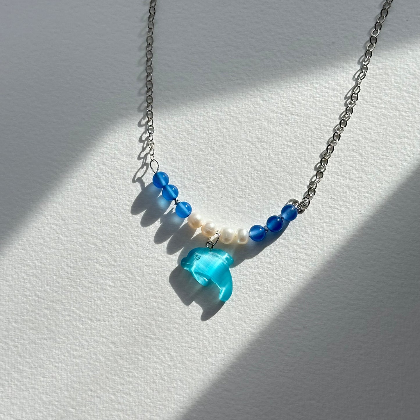 N86 [Blue World] Sea Blue Agate Freshwater Pearl Dolphin Silver Plated Necklace