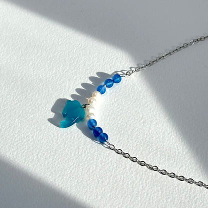 N86 [Blue World] Sea Blue Agate Freshwater Pearl Dolphin Silver Plated Necklace