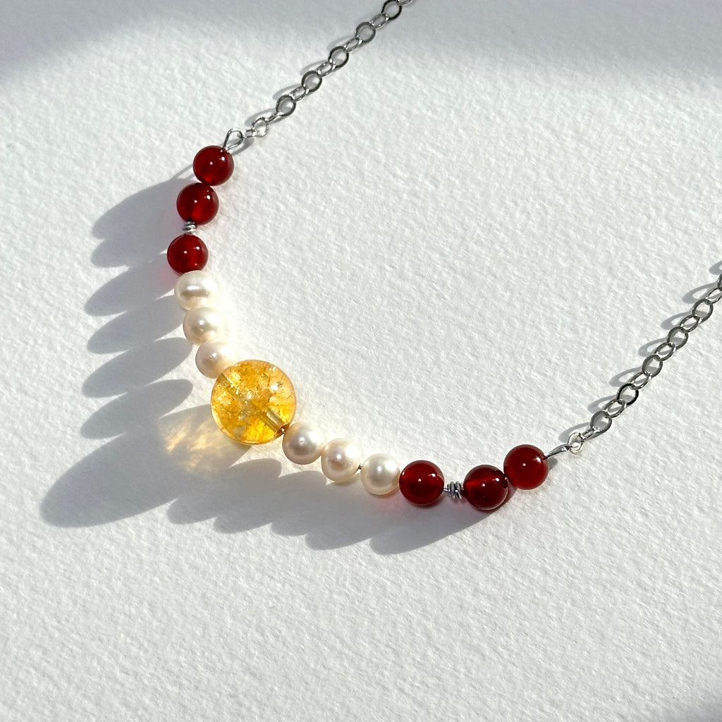 N87【天蠍射手座|11月誕生石】紅瑪瑙|黃水晶|淡水珍珠|鍍銀|頸鏈項鏈