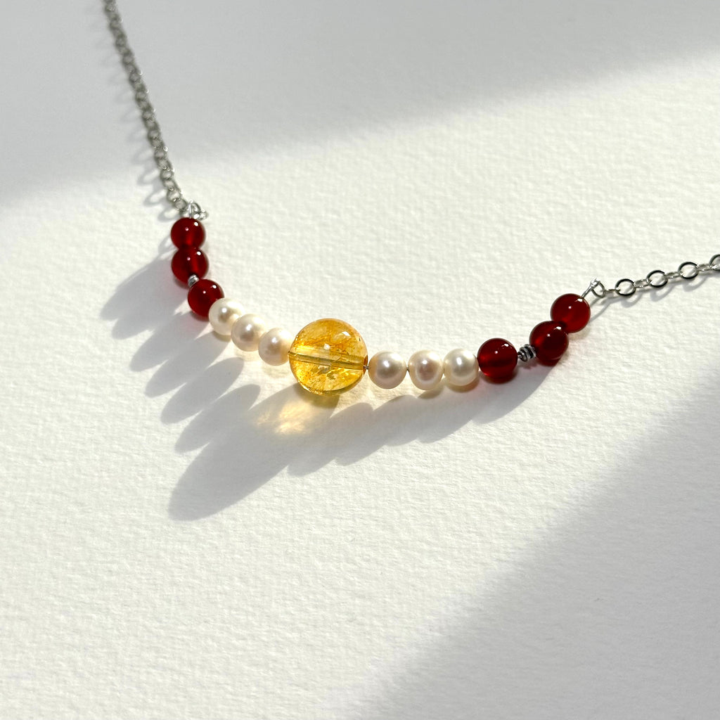 N87【天蠍射手座|11月誕生石】紅瑪瑙|黃水晶|淡水珍珠|鍍銀|頸鏈項鏈