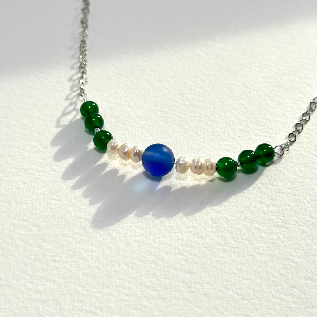 N88 [Blue World] Green Agate | Blue Glass | Freshwater Pearl | Silver Plated | Necklace