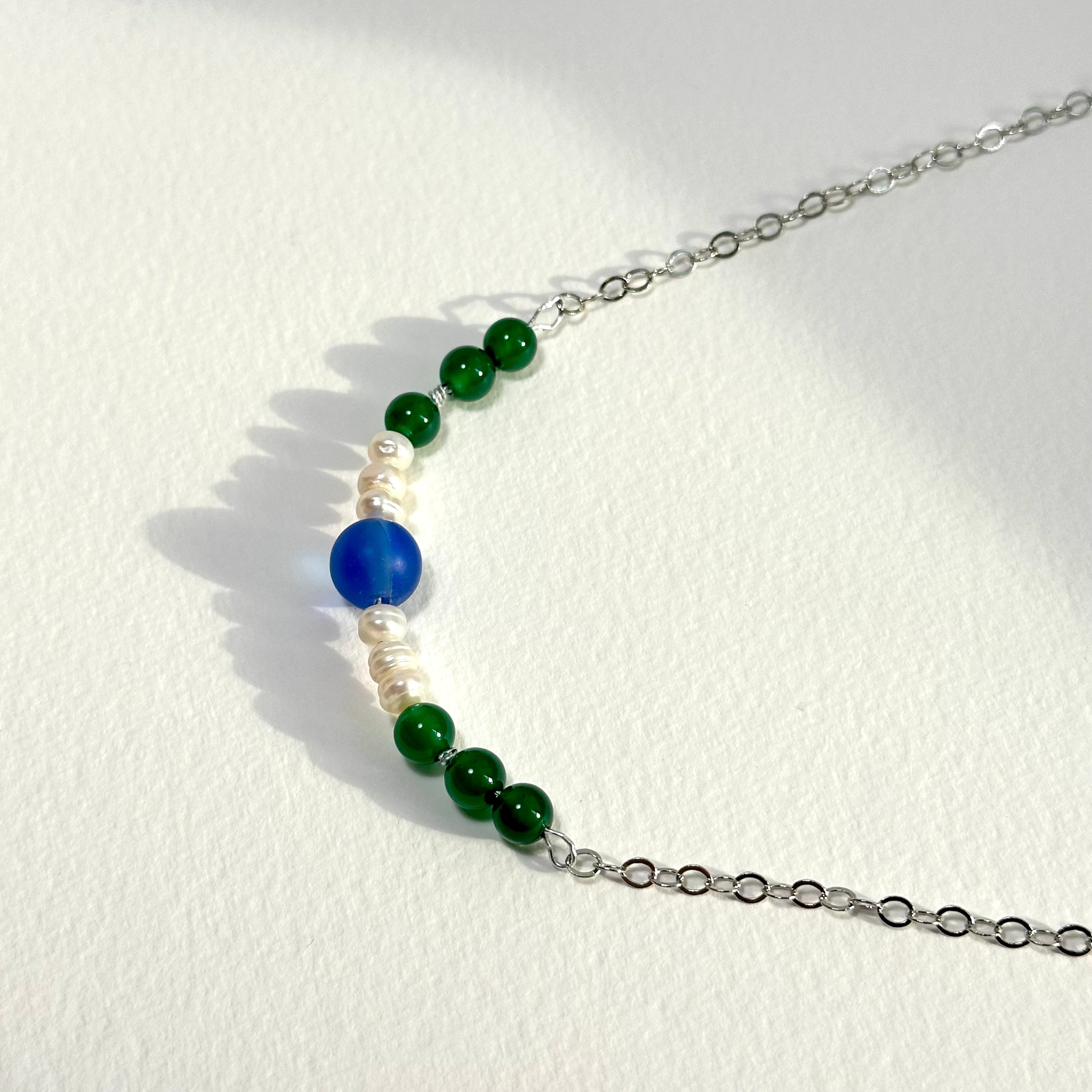 N88 [Blue World] Green Agate | Blue Glass | Freshwater Pearl | Silver Plated | Necklace