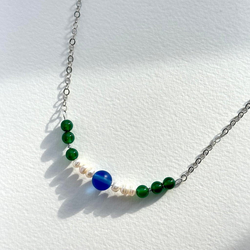 N88 [Blue World] Green Agate | Blue Glass | Freshwater Pearl | Silver Plated | Necklace