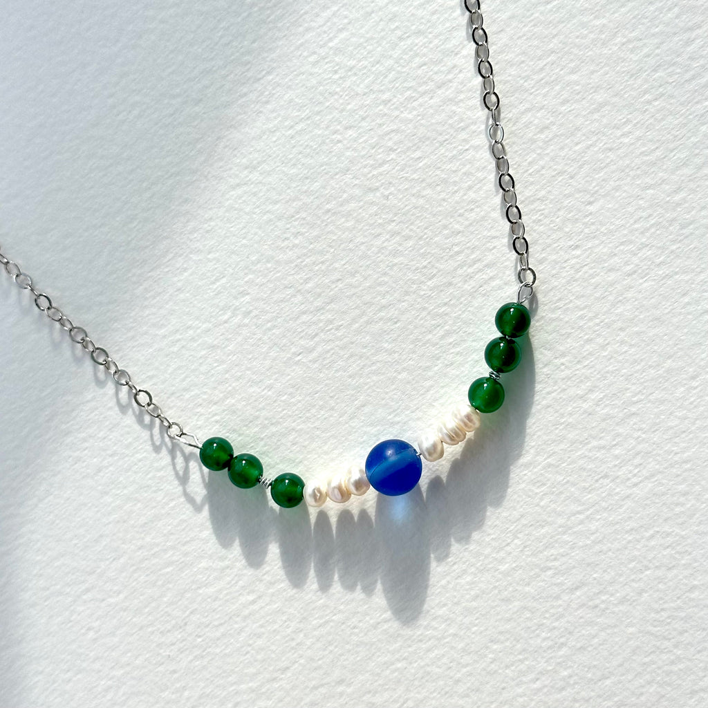 N88 [Blue World] Green Agate | Blue Glass | Freshwater Pearl | Silver Plated | Necklace