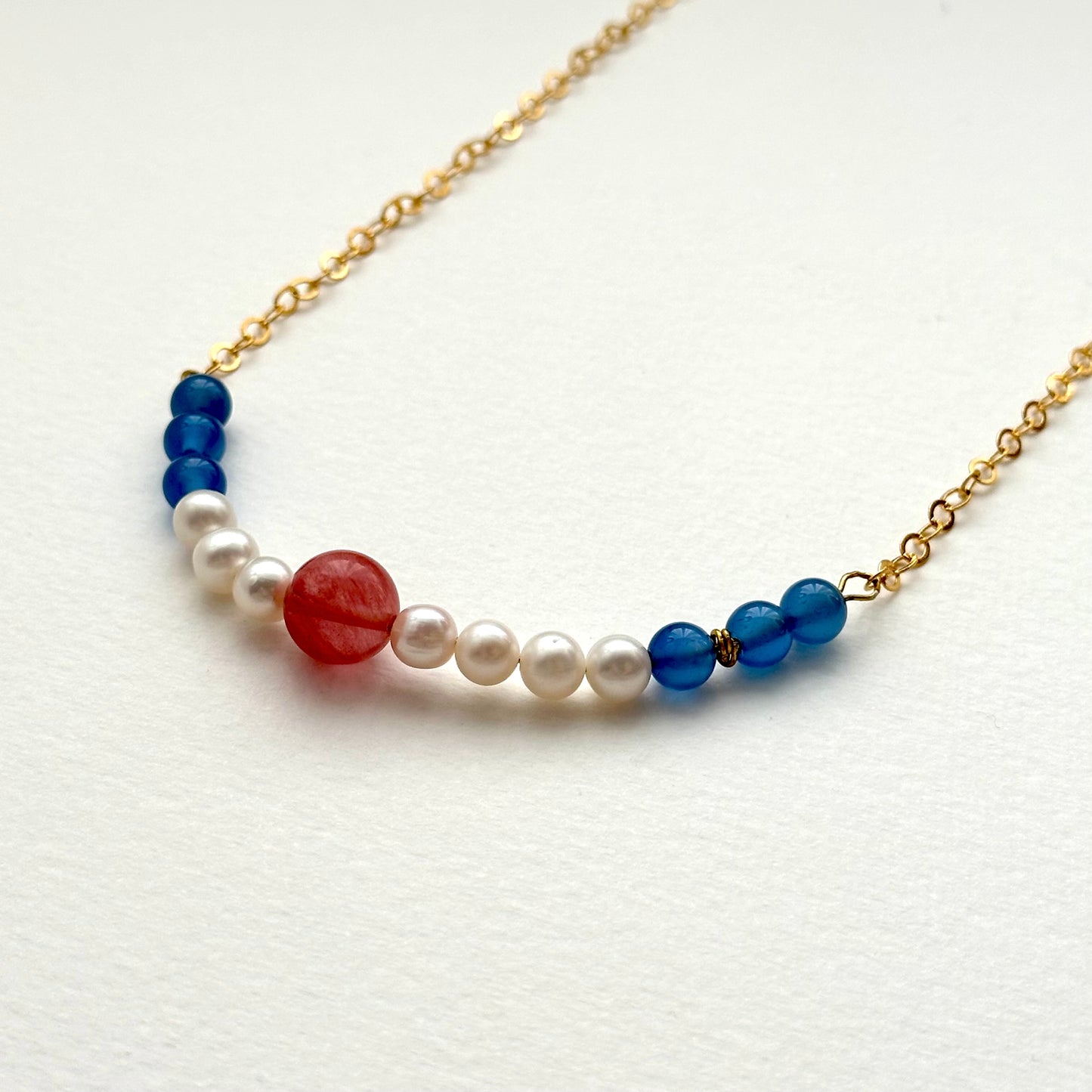 N82 [Blue Red] Sea Blue Agate Watermelon Stone Freshwater Pearl Gold-plated Necklace