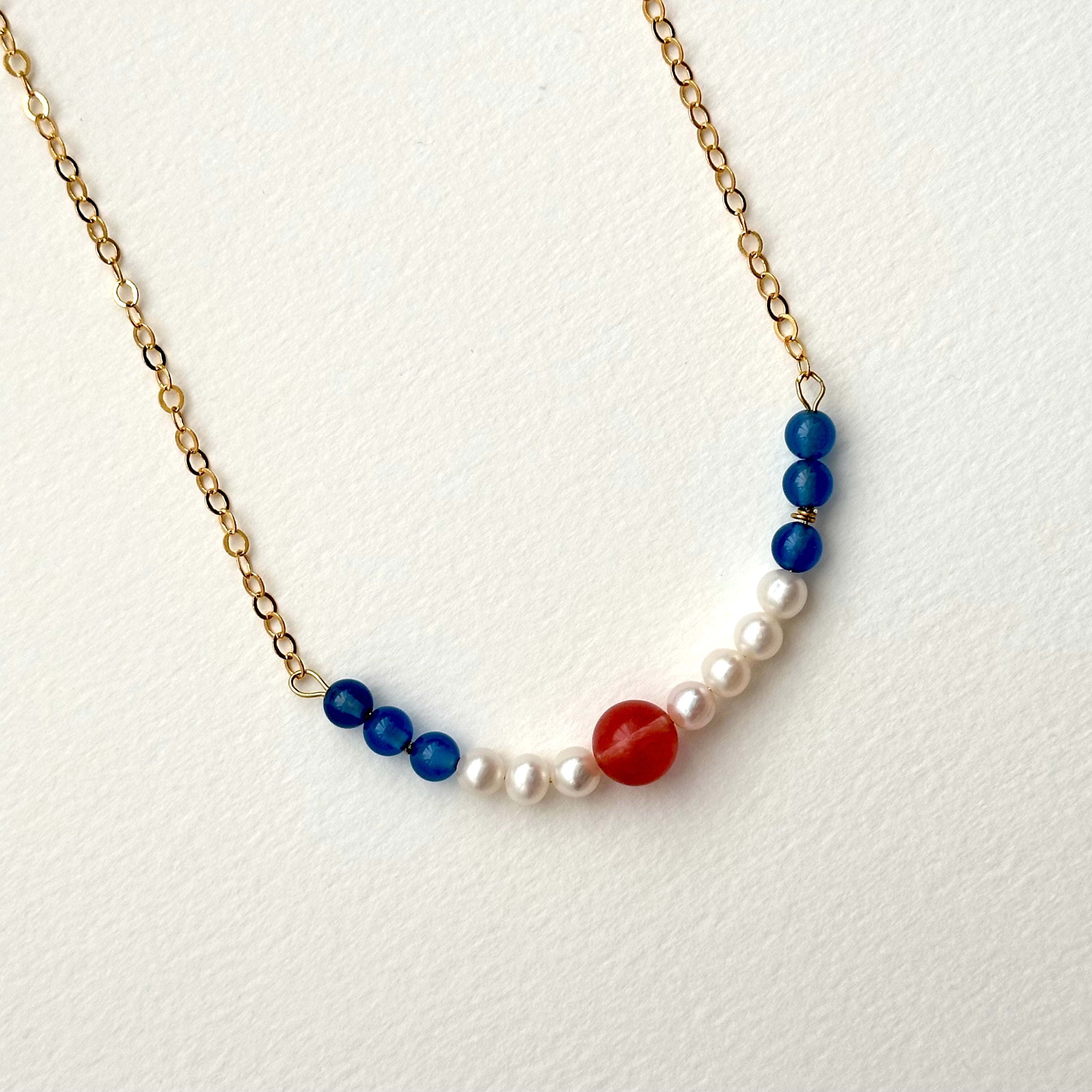 N82 [Blue &amp; Red] Aquamarine Agate | Watermelon Stone | Freshwater Pearl | Gold Plated | Necklace