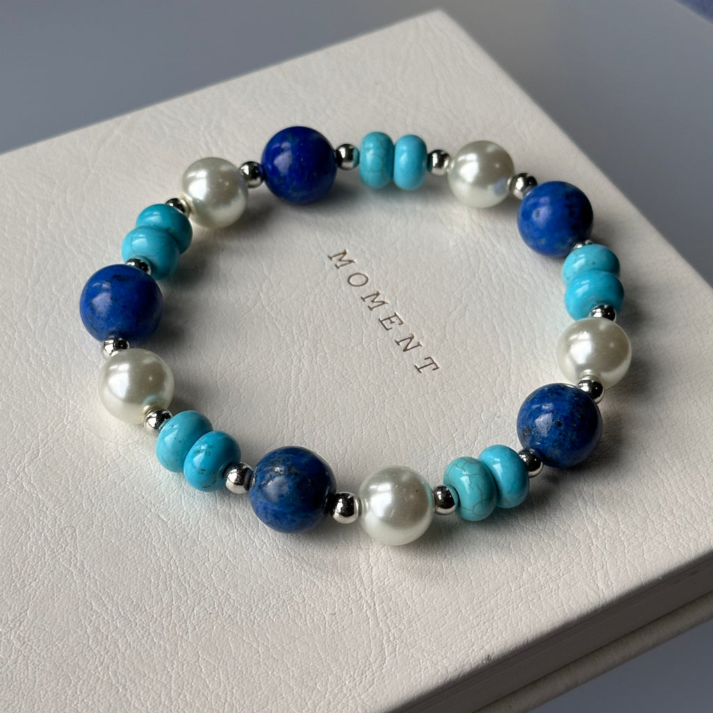 BS11 【流雲疊影】青金石松石淡水珍珠簡約鍍銀手鏈手串