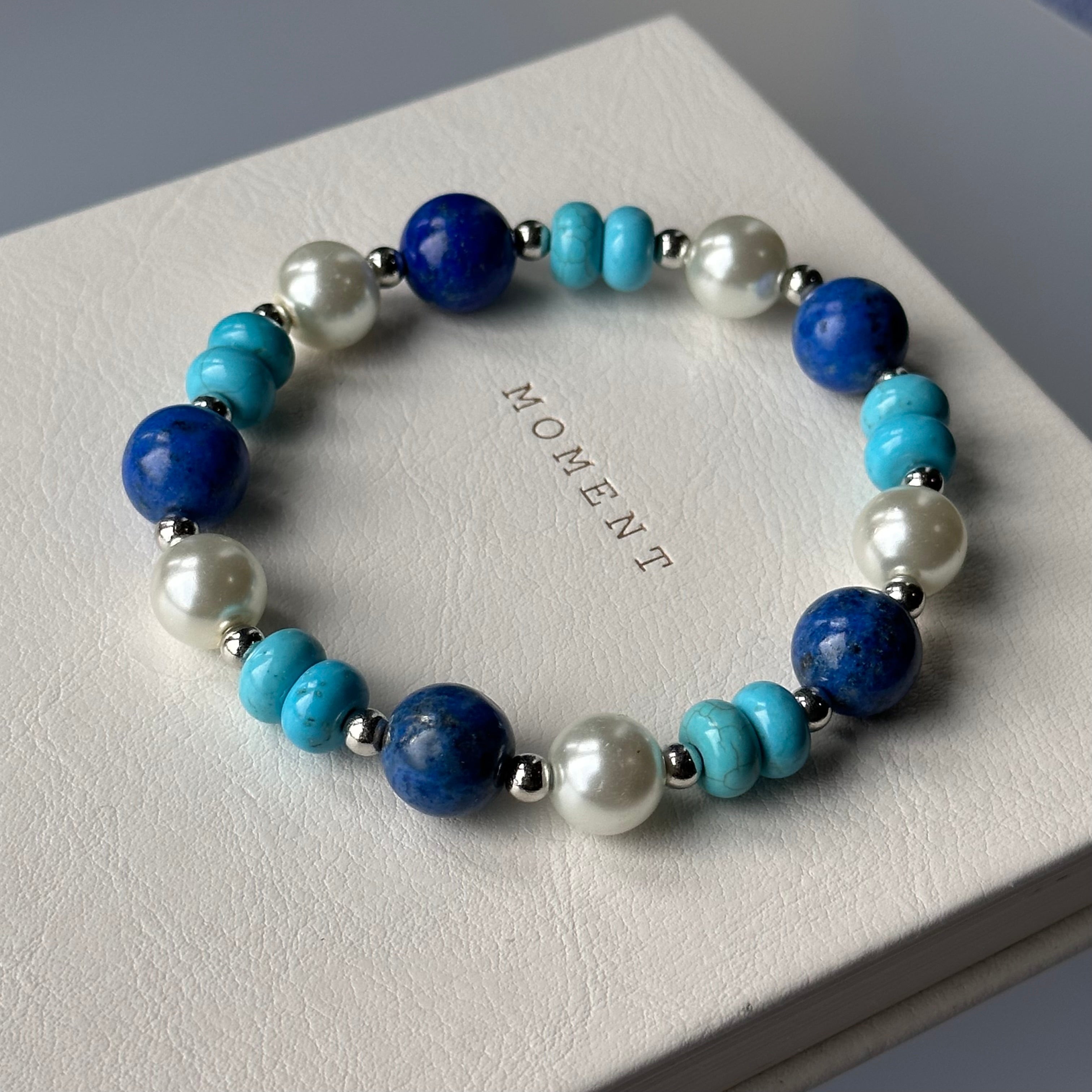 BS11 【流雲疊影】青金石松石淡水珍珠簡約鍍銀手鏈手串