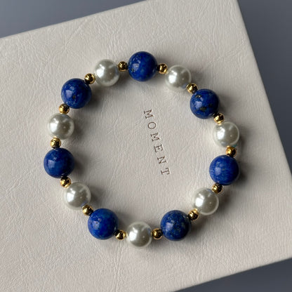 BS13 【瀟湘夜雨】青金淡水珍珠簡約18K鍍金手鏈手串 Lapis with 18K Gold-Plated and Pearl Bracelet