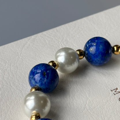 BS13 【瀟湘夜雨】青金淡水珍珠簡約18K鍍金手鏈手串 Lapis with 18K Gold-Plated and Pearl Bracelet