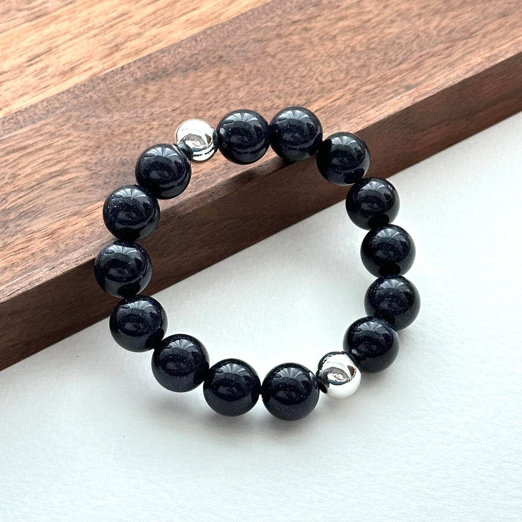 BS262【星夜】藍砂石雙圓鍍銀手鏈手串