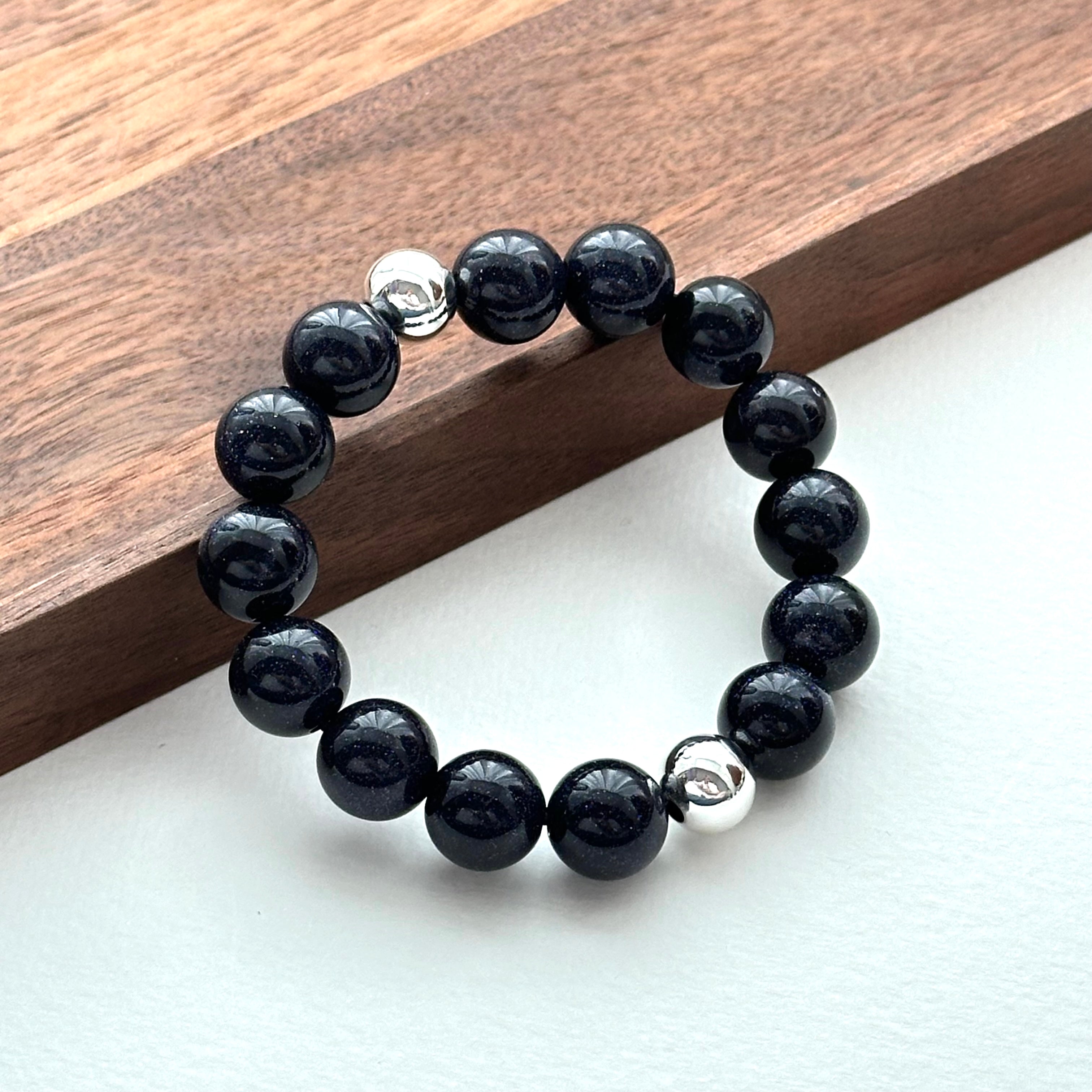 BS262【星夜】藍砂石雙圓鍍銀手鏈手串