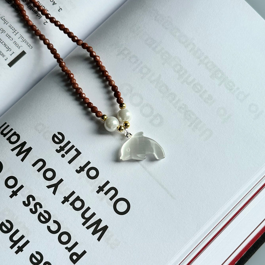 N4 Goldstone with White Cat's-Eye Dolphin Necklace