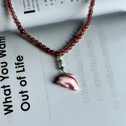 N3 草莓晶 粉貓眼 淡水珍珠 海豚 頸鏈項鏈 Strawberry Quartz with Cat's-Eye Dolphin Necklace