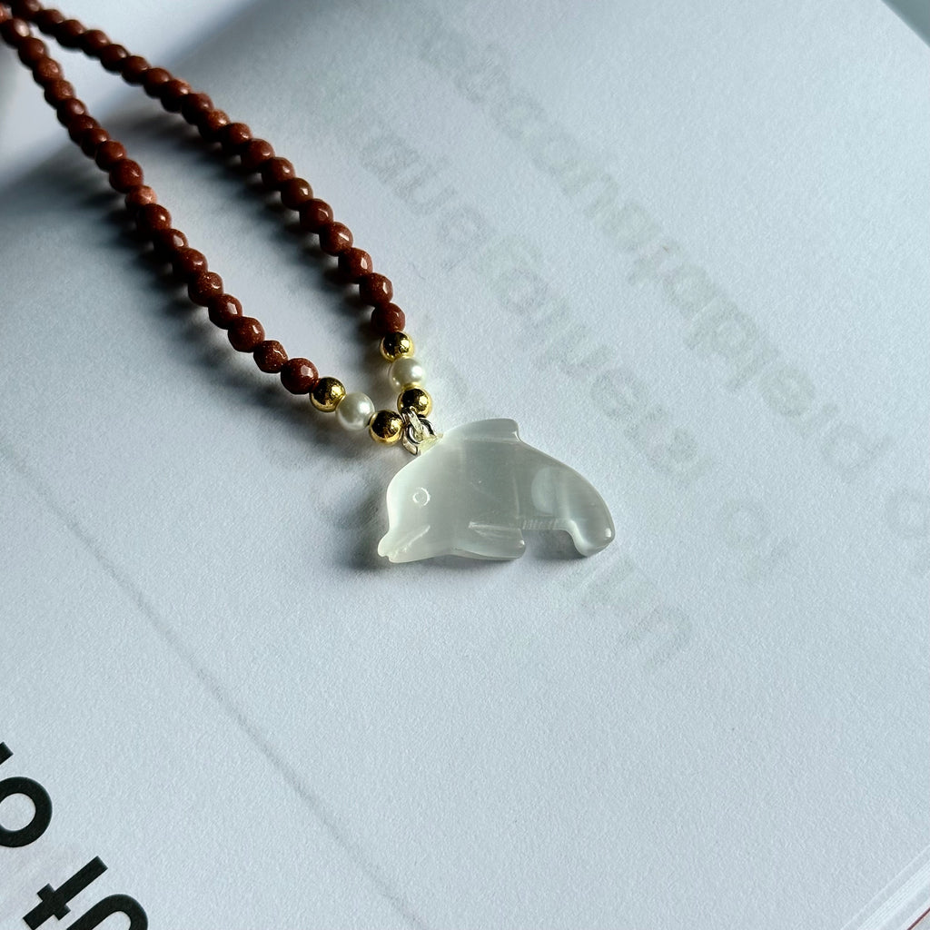 N4 Goldstone with White Cat's-Eye Dolphin Necklace