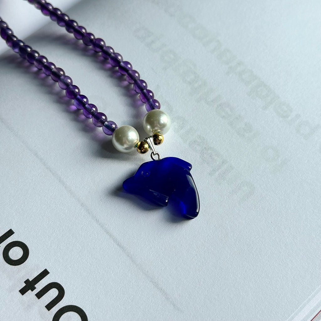 N1 紫晶 寶藍貓眼 淡水珍珠 海豚 頸鏈項鏈 Amethyst with Navy Blue Cat's-Eye Dolphin Necklace